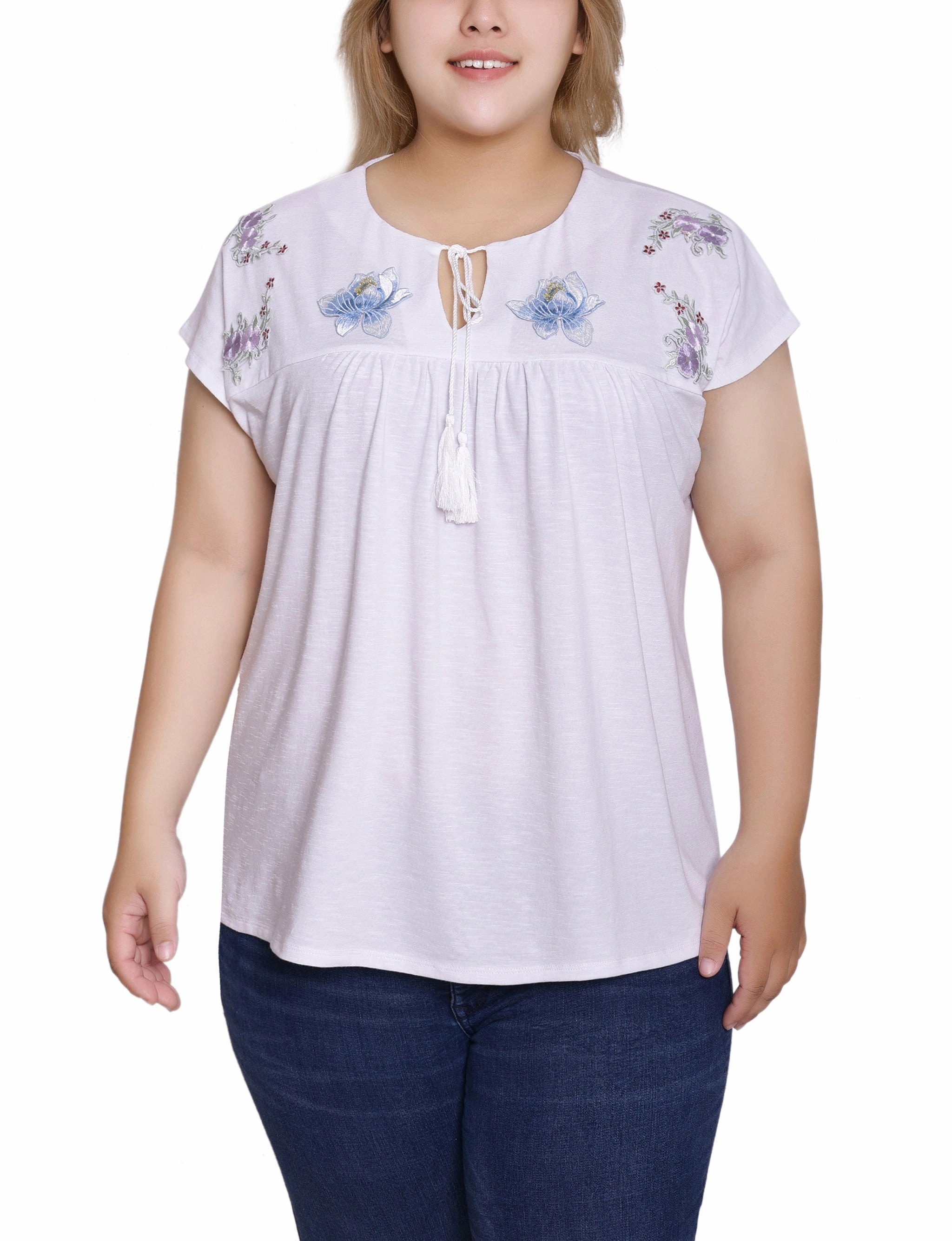 Plus Size Embroidered Yoke Extended Sleeve Top Edge Shape