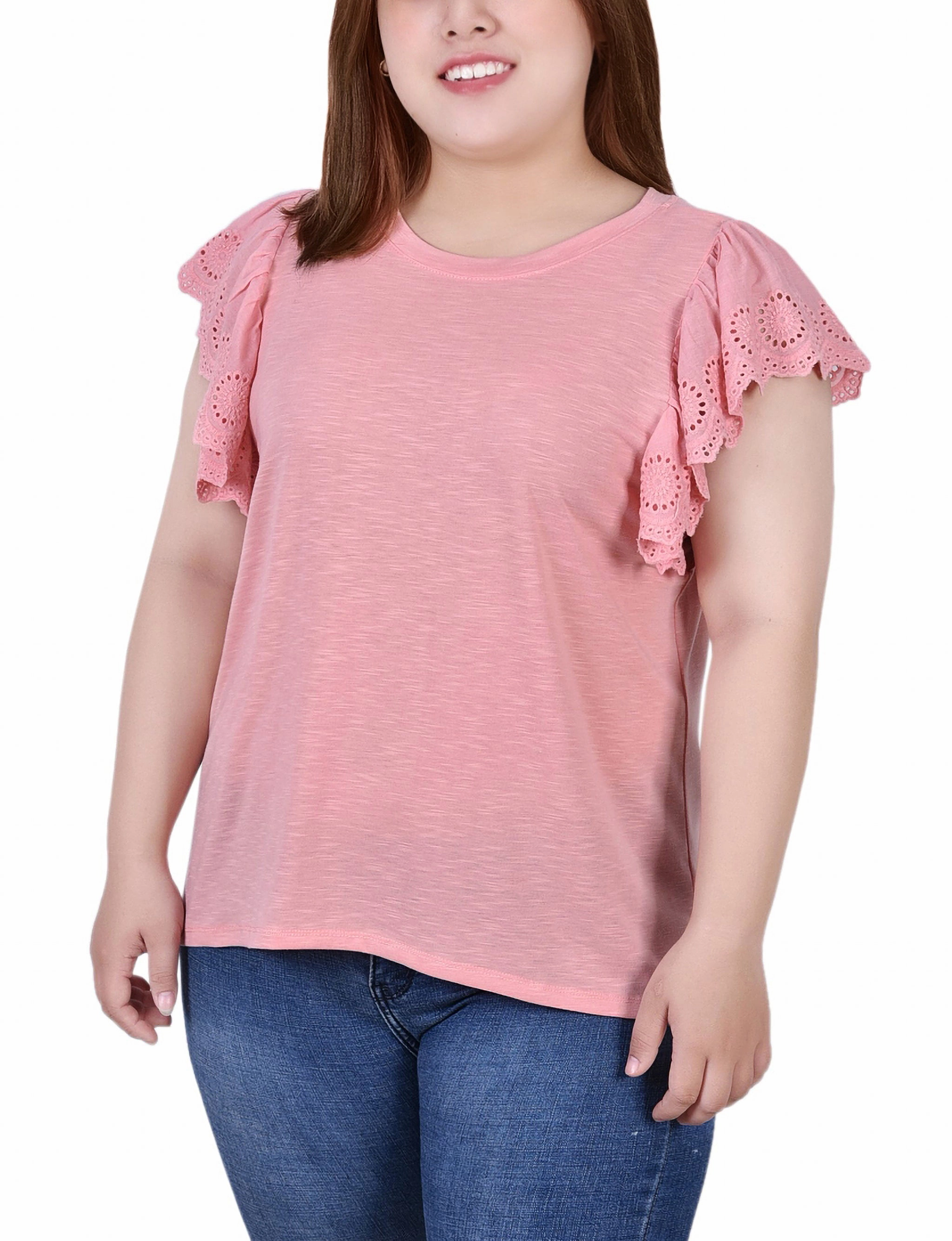 Plus Size Flutter Sleeve Slub Knit Top Flexible Style TaglessDesign