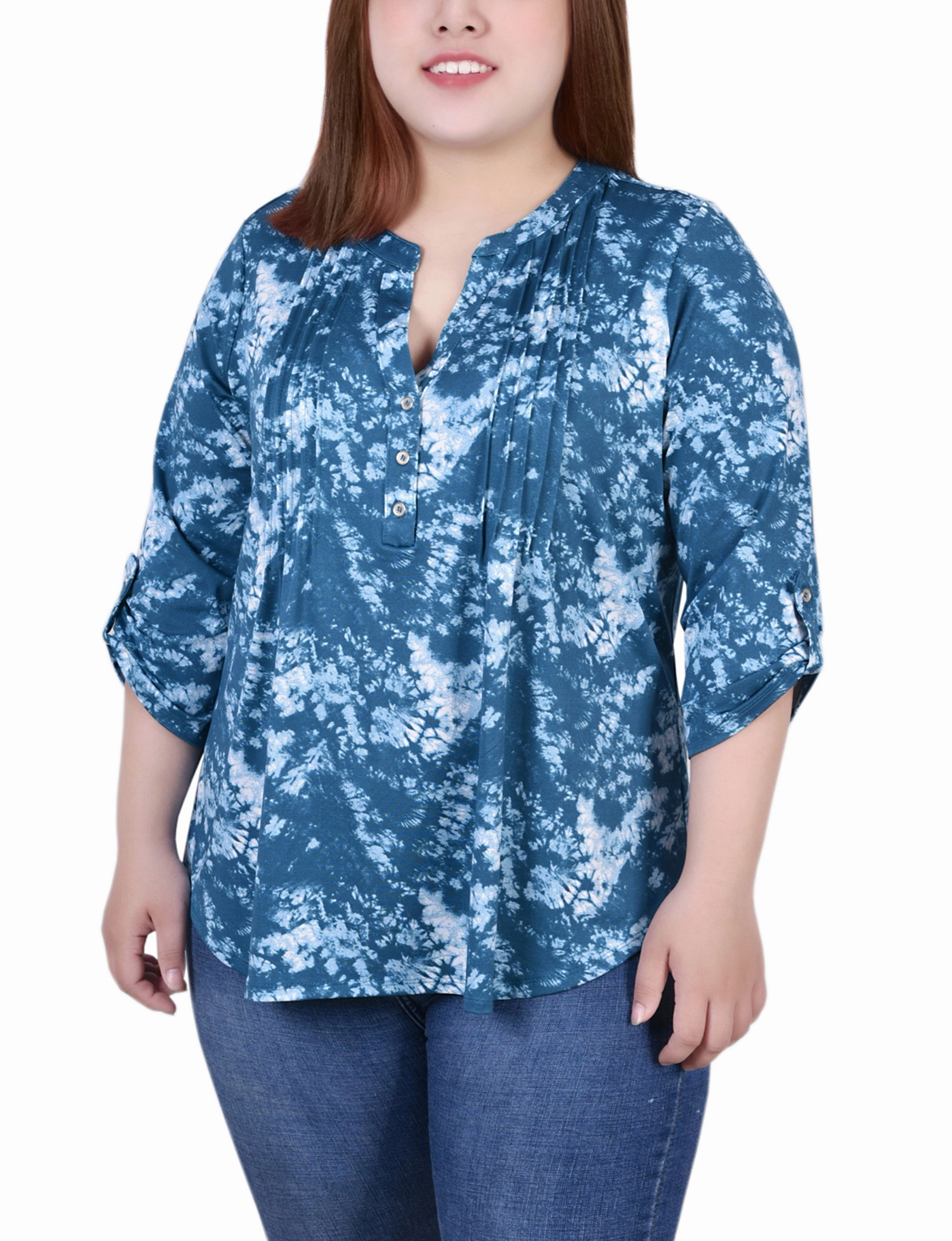 Playful-Detail Plus Size Knit Jacquard 3/4 Sleeve Roll Tab Top