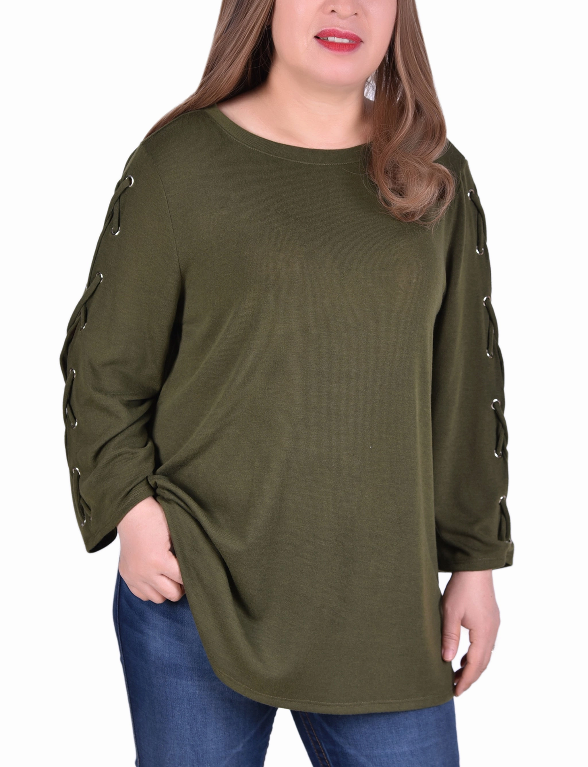 Skin Hug ElasticWaistband Plus Size Laced Sleeve Top