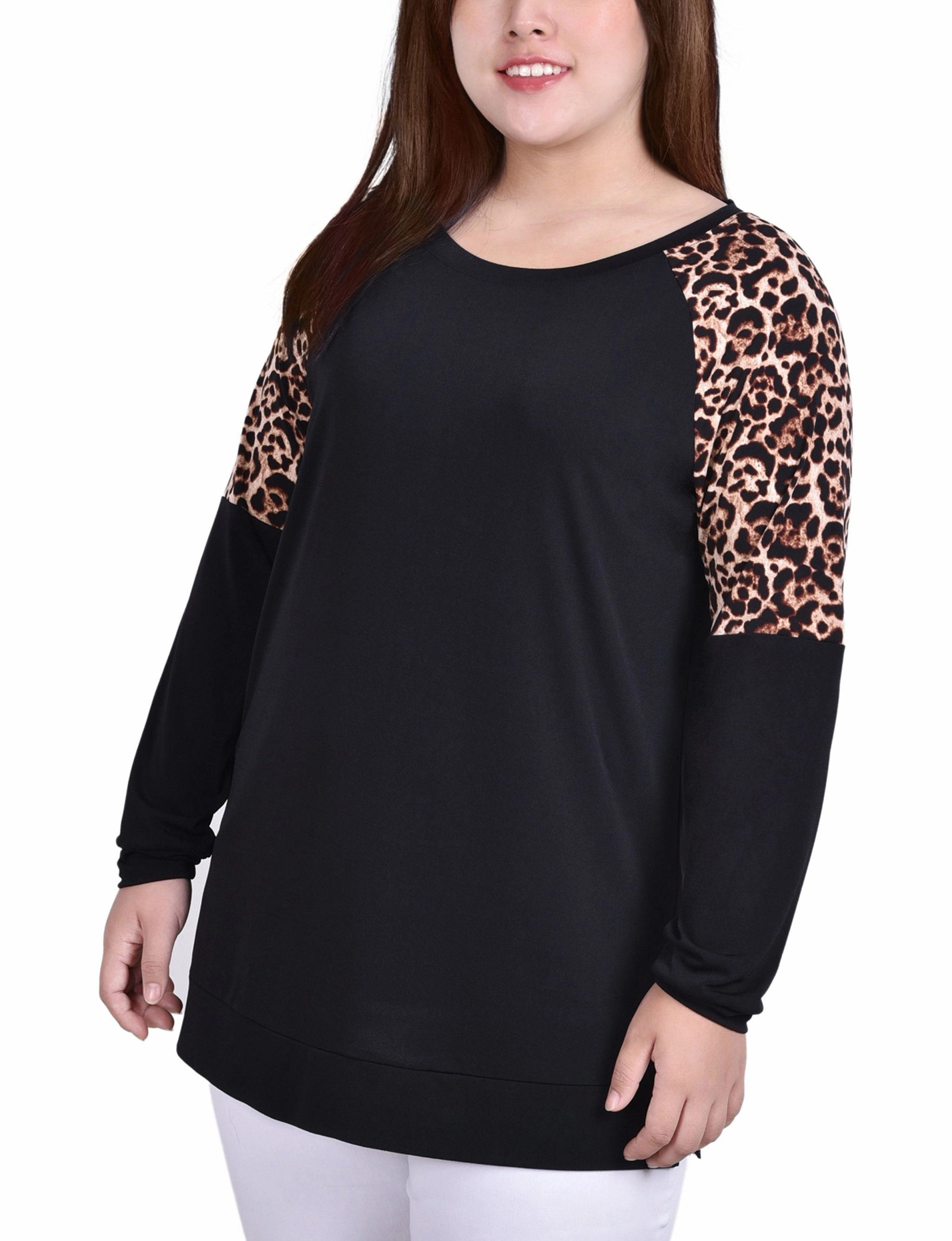 Plus Size Long Raglan Sleeve Top With Animal Print Insets Satin-Sleeve