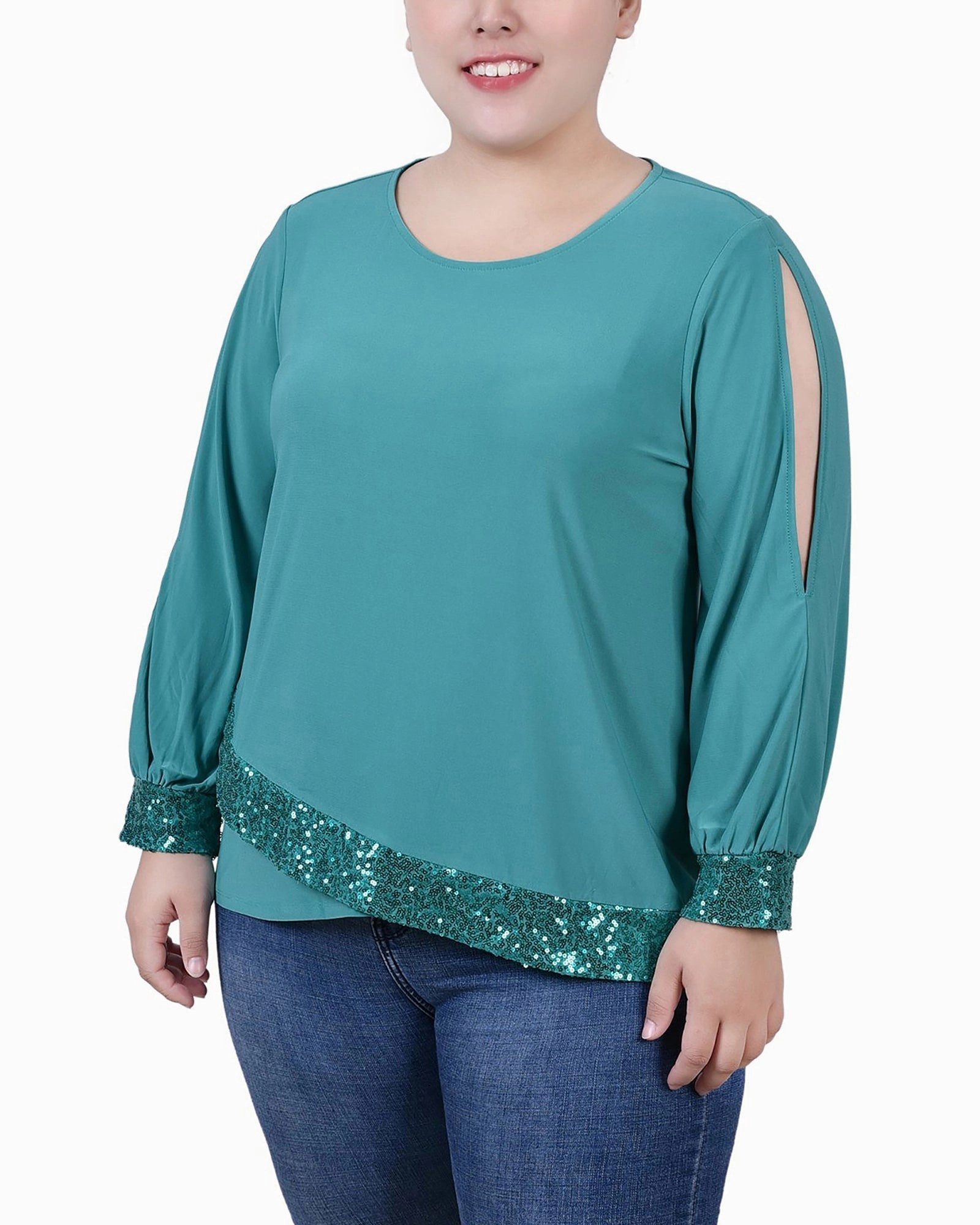 Plus Size Long Sleeve Knit Top With Sequin Hem Whimsical Mood Signature-Style