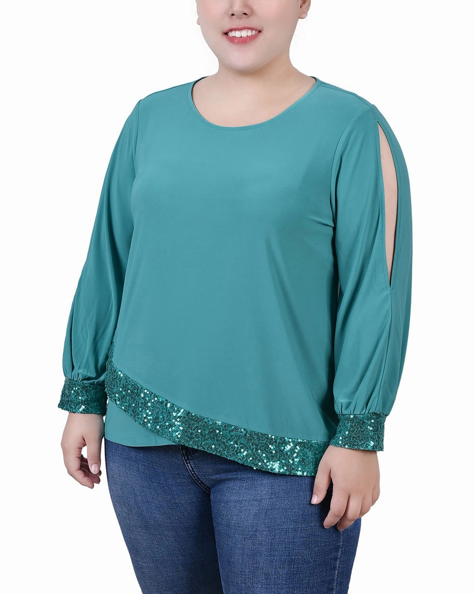 Sage Detail Plus Size Long Sleeve Knit Top With Sequin Hem