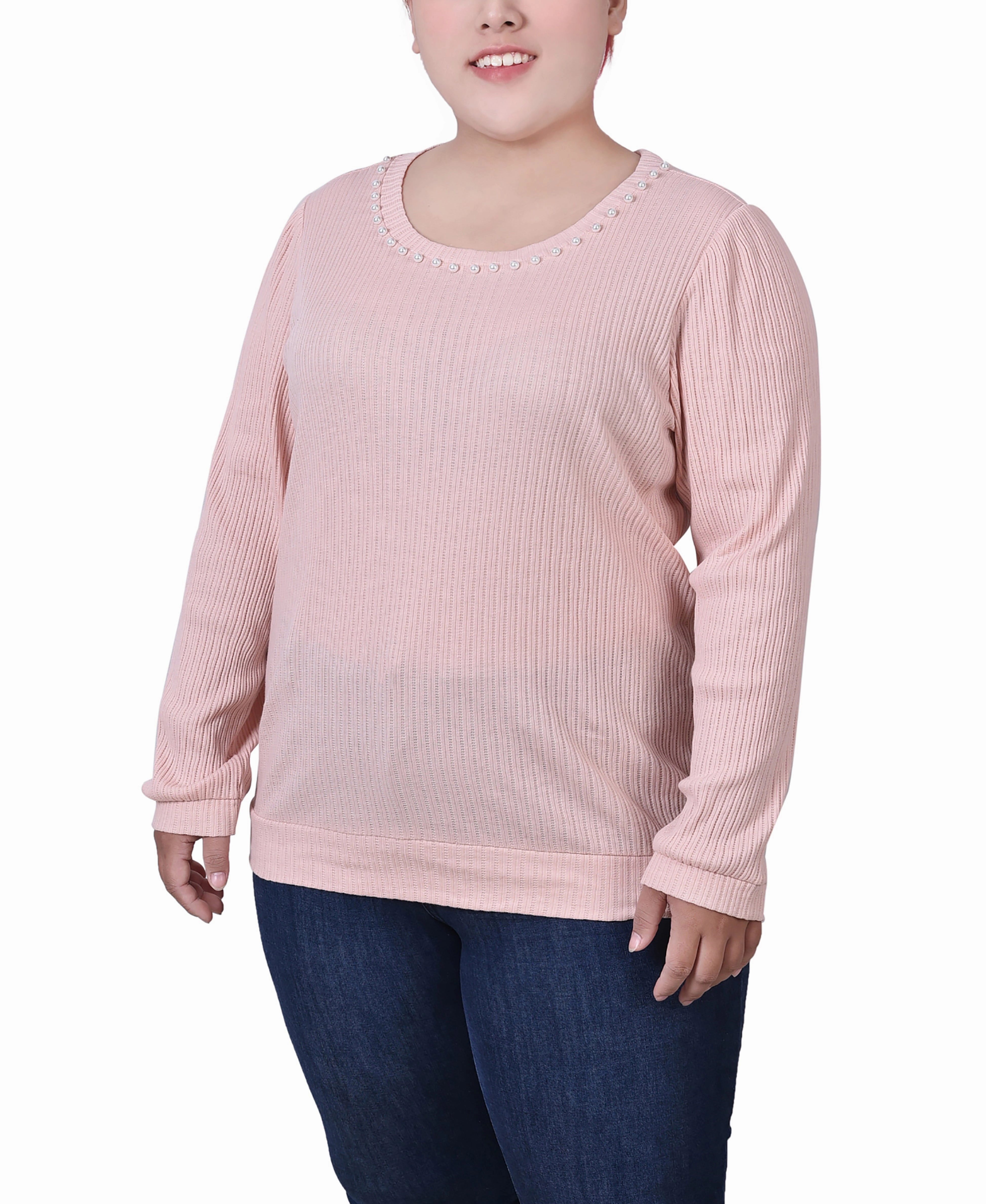 Modern Appeal Urban Look Plus Size Long Sleeve Ribbed Pearl Trimmed Top