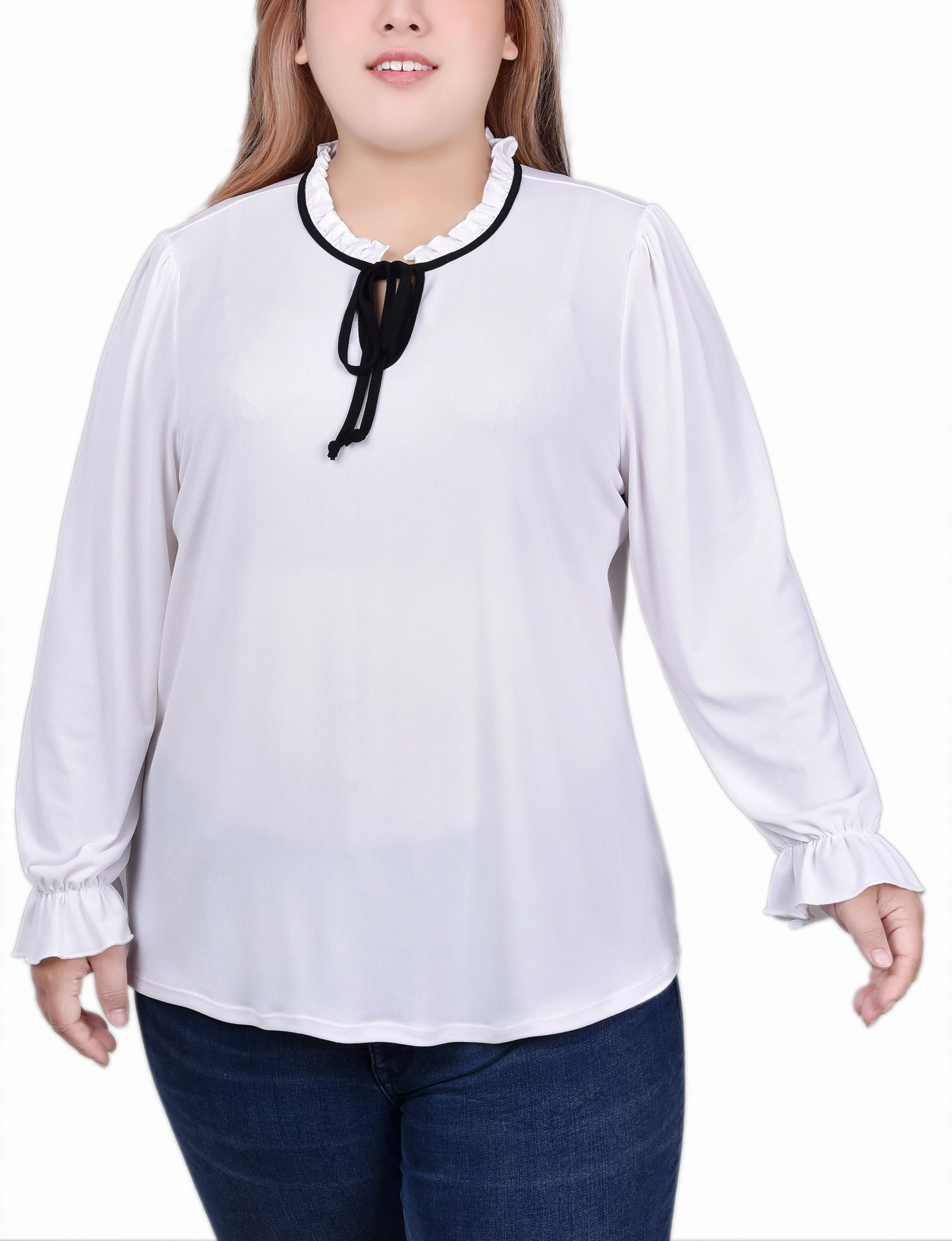 Perfect Design Light Fabrication Plus Size Long Sleeve Tie Neck Top