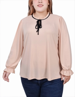 Plus Size Long Sleeve Tie Neck Top Quick Layer