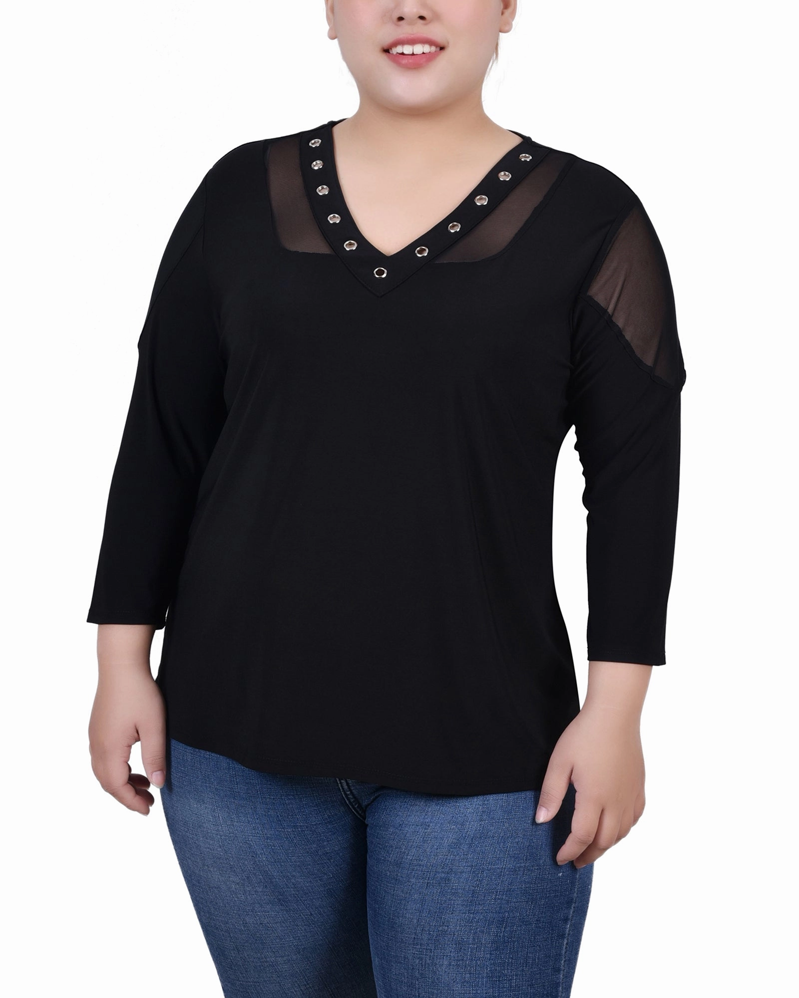 Calm Aesthetic Autumn Look Plus Size Long Sleeve Top With Mesh Insets