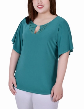 Versatile Piece Relax Motion Plus Size Mesh Flutter Sleeve Knit Top