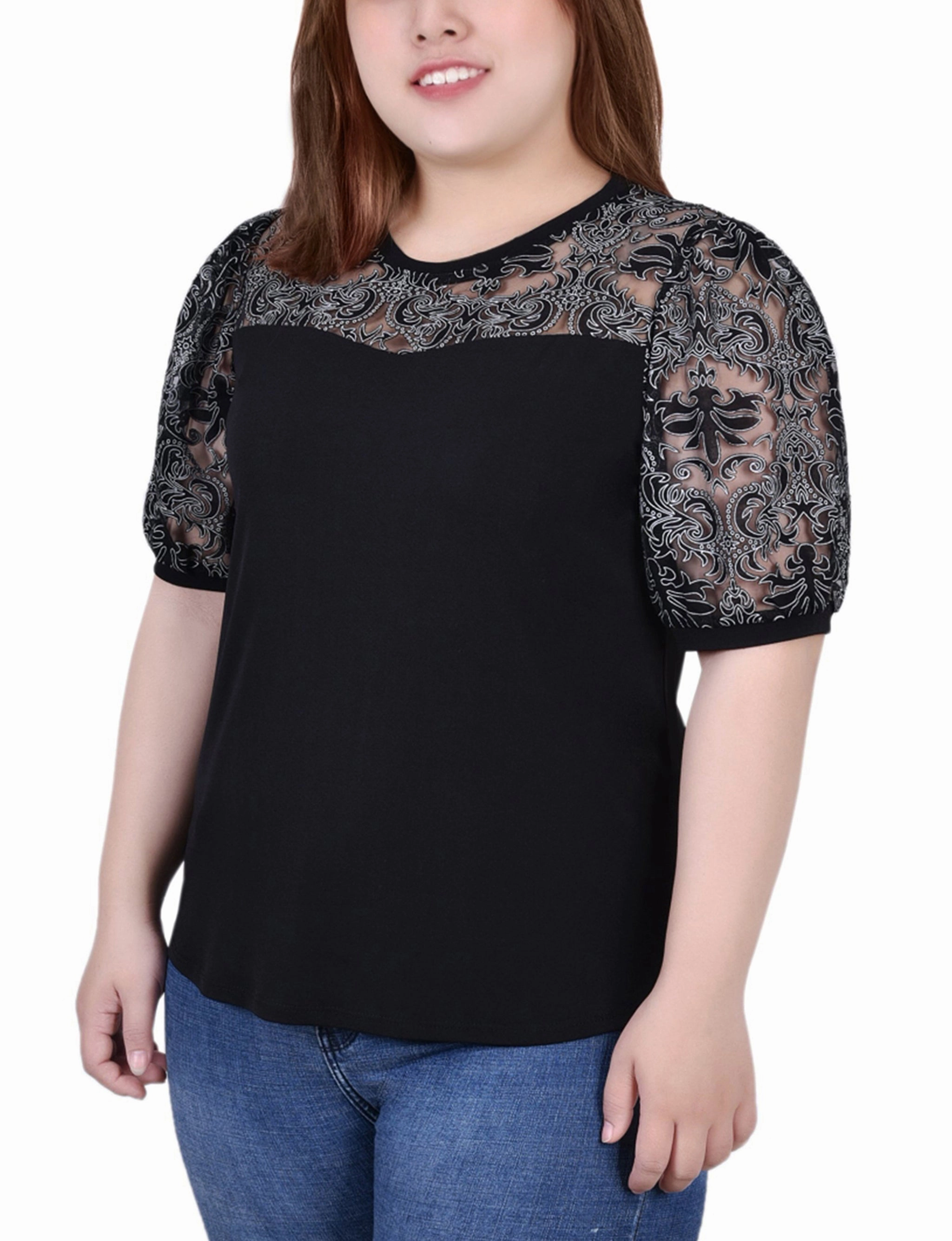 Plus Size Puff Lace-Sleeve Top Pleated design