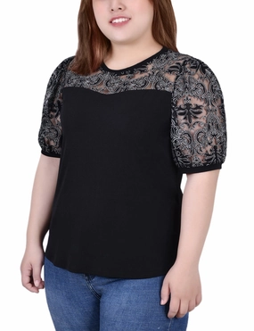 Versatile Piece Plus Size Puff Lace-Sleeve Top