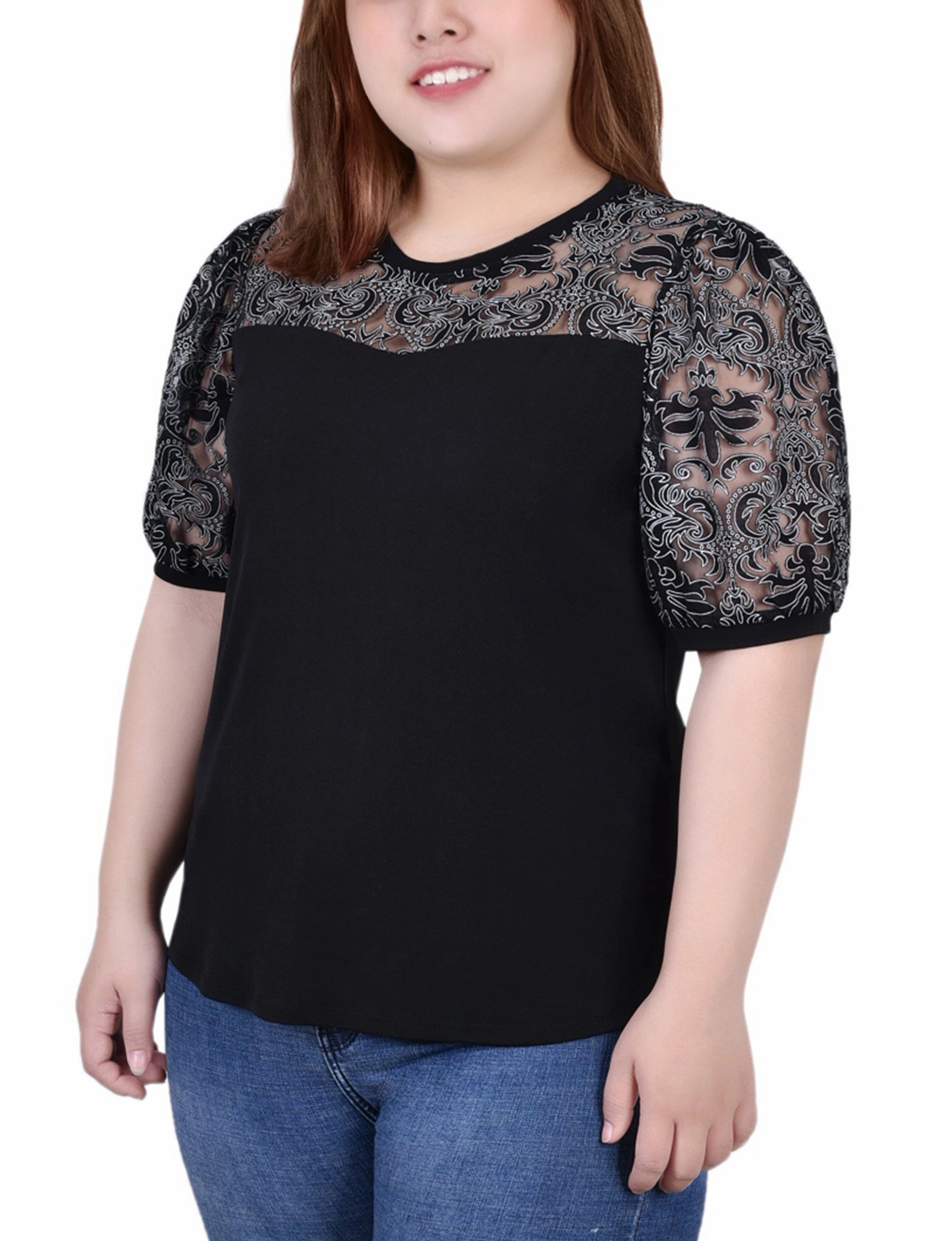 Versatile Piece Plus Size Puff Lace-Sleeve Top