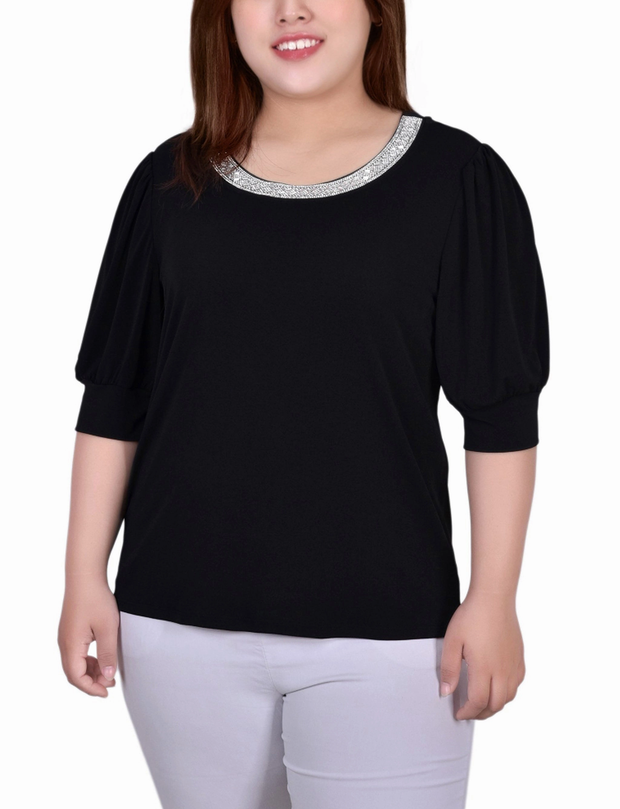 Lightweight Layer Plus Size Short Beaded Puff Sleeve Top
