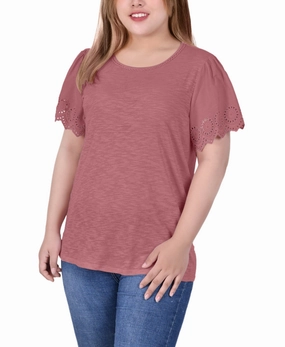 Warm Pink Plus Size Short Flutter Eyelet Sleeve Top