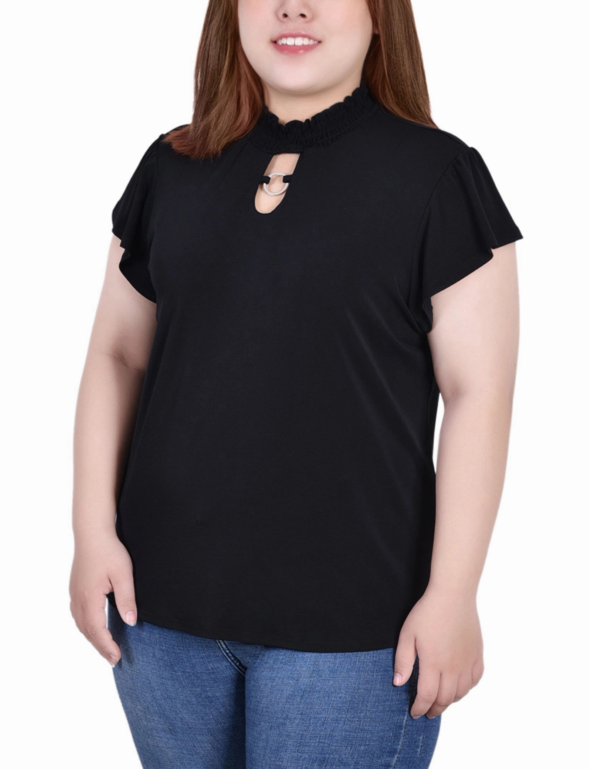 Plus Size Short Flutter Sleeve Mock Neck Top Family Joy