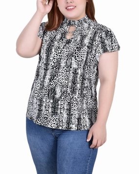 Polished Style Button Accent Plus Size Short Flutter Sleeve Mock Neck Top