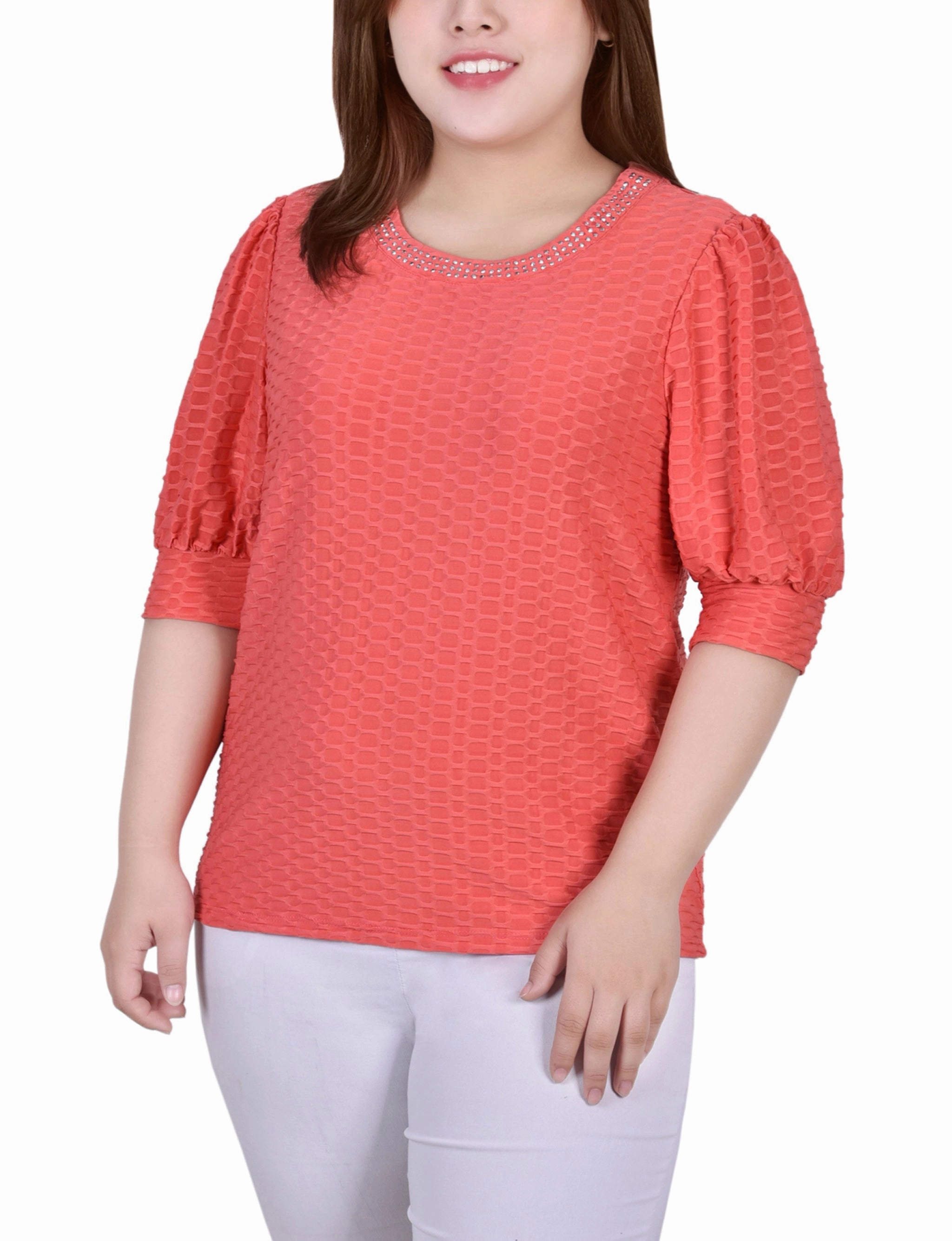 Plus Size Short Puff Sleeve Honeycomb Top Fashion Option Work Ready