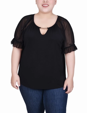 Bodycon-Fit Plus Size Short Ruffle Sleeve Top With Rhinestones