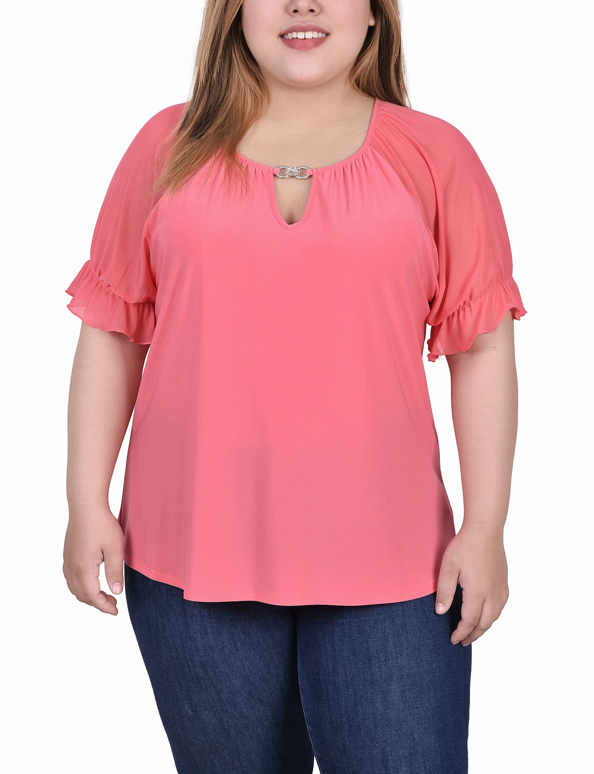 Formal Setting Everyday Comfort Wear Plus Size Short Ruffle Sleeve Top With Rhinestones