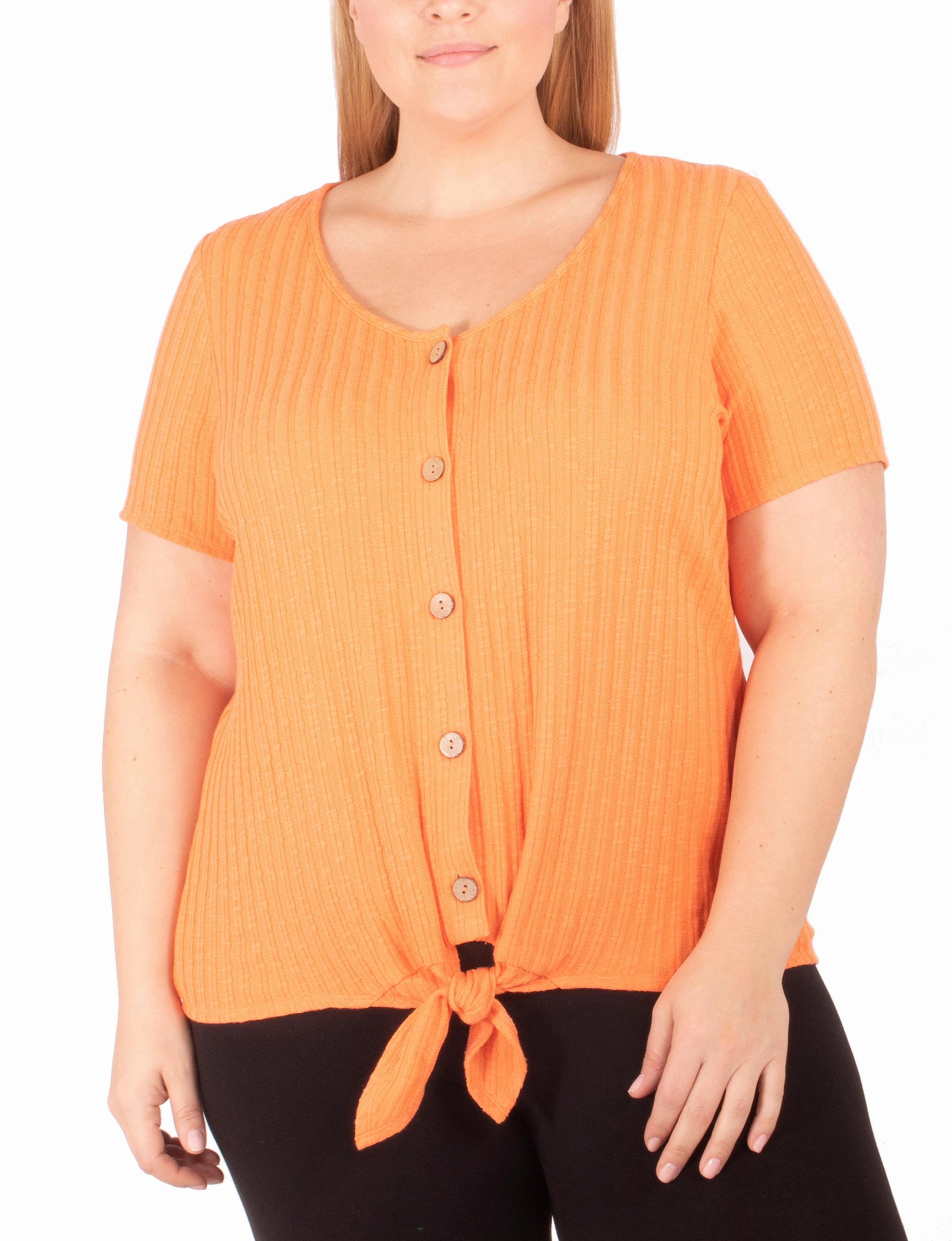 Plus Size Short Sleeve Button Front Top With Tie At Hem Light and Comfortable Versatile Look