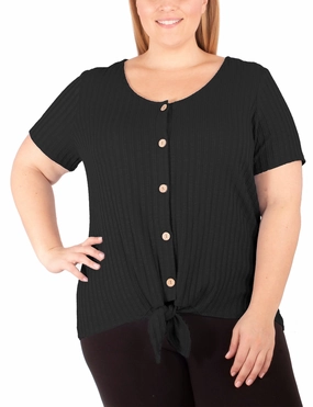 Calm Finish Plus Size Short Sleeve Button Front Top With Tie At Hem
