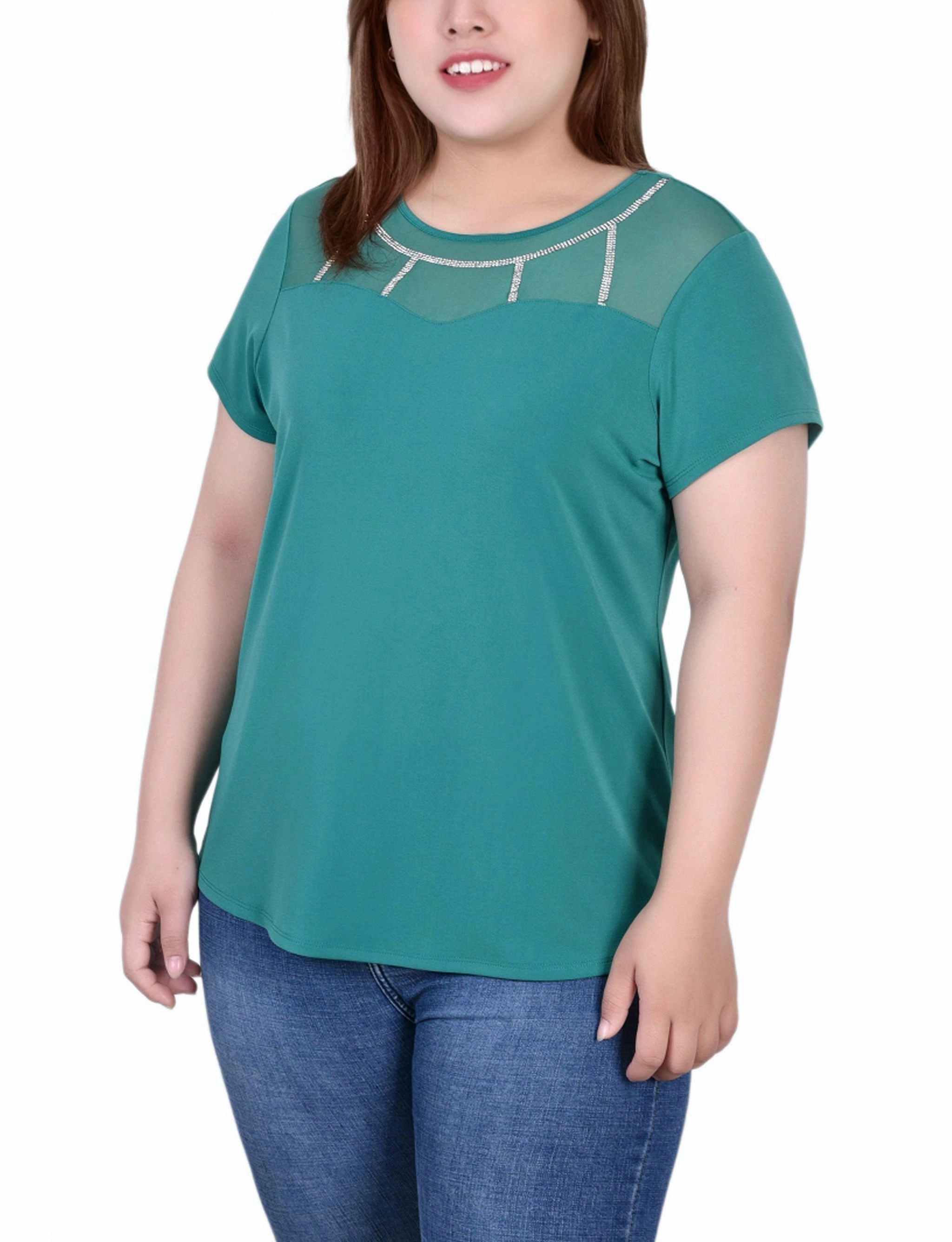 Chic Comfort Wear Timeless Fit Plus Size Short Sleeve Crepe Top With Stone Details