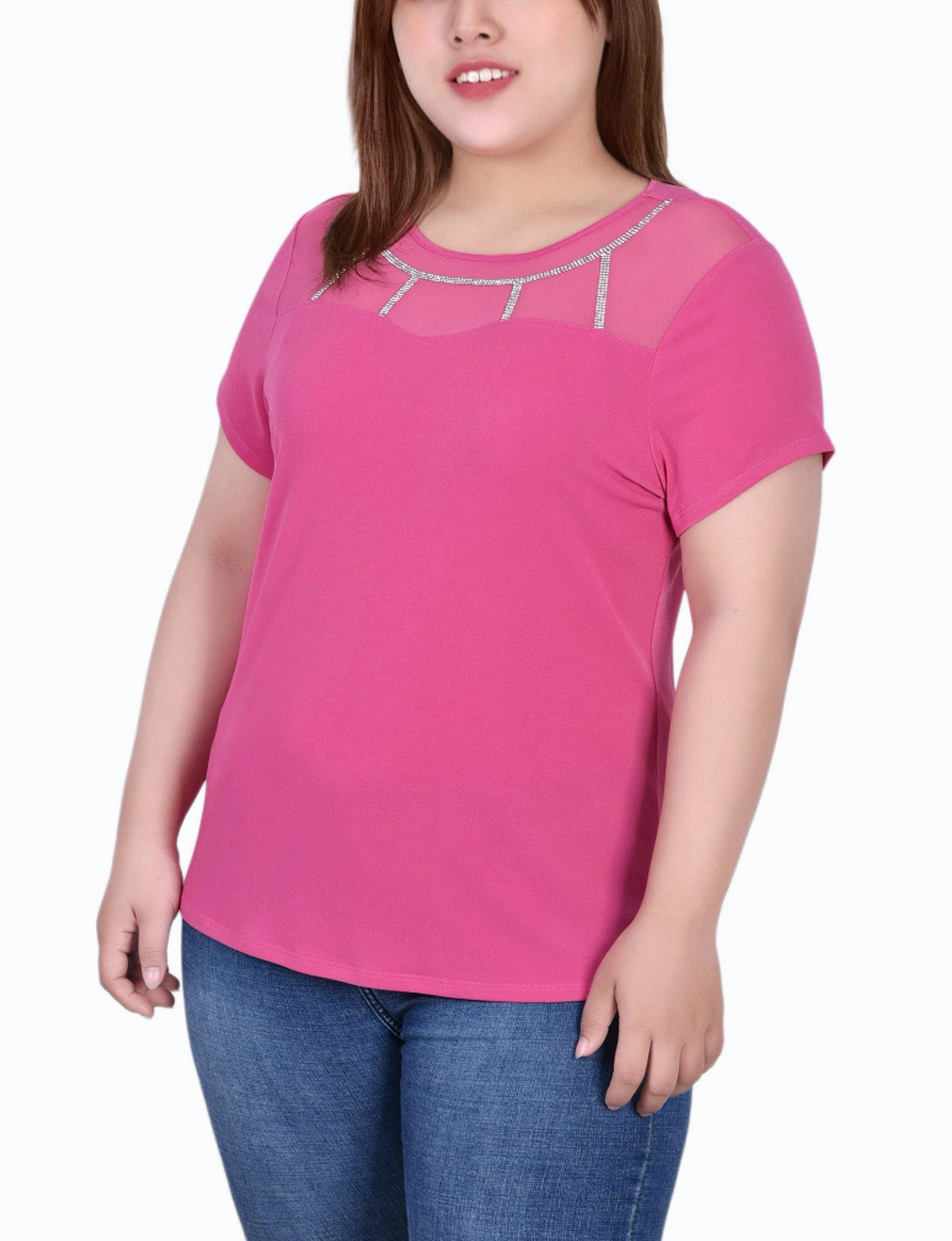 Trend Movement Plus Size Short Sleeve Crepe Top With Stone Details
