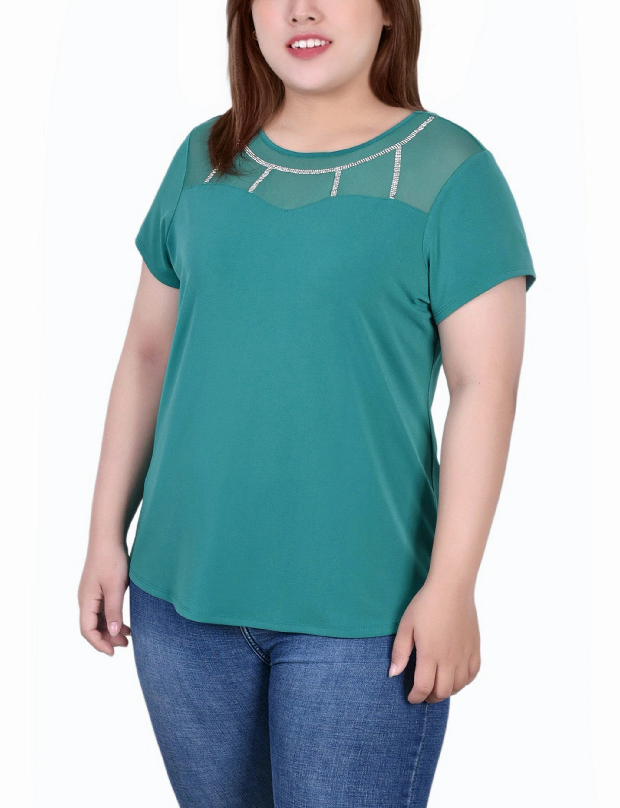 Trendy Comfort Smooth Layering Plus Size Short Sleeve Crepe Top With Stone Details