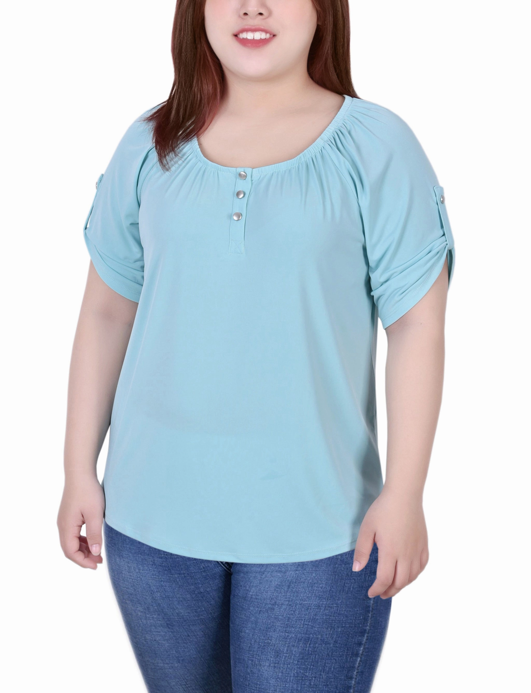 Plus Size Short Sleeve Round Neck Henley Top Magnetic-Closure
