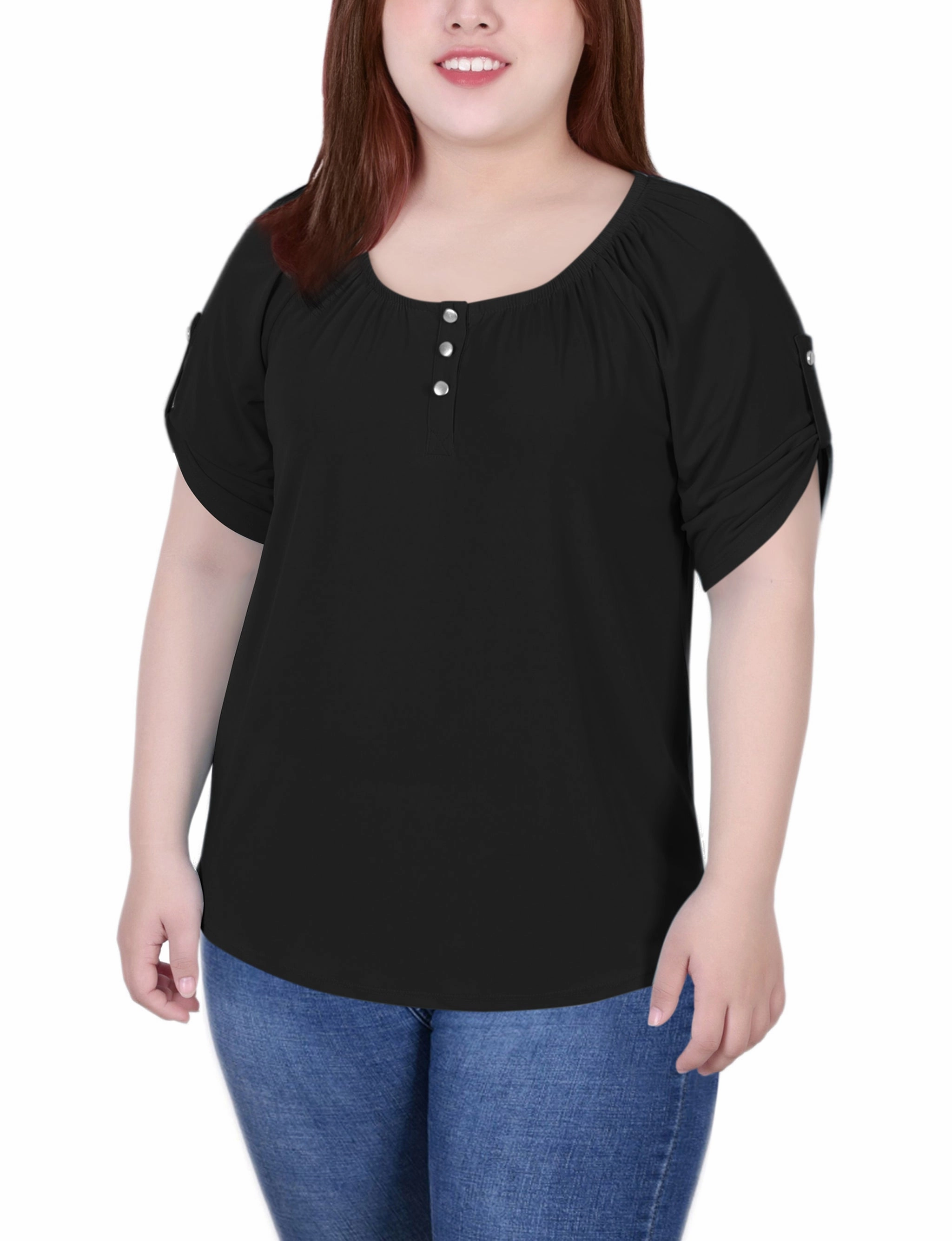 Plus Size Short Sleeve Round Neck Henley Top Sporty Comfort Unisex Option