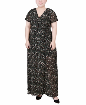 Plus Size Short Sleeve Tie Closure Wrap Chiffon Maxi Dress Nature Glow
