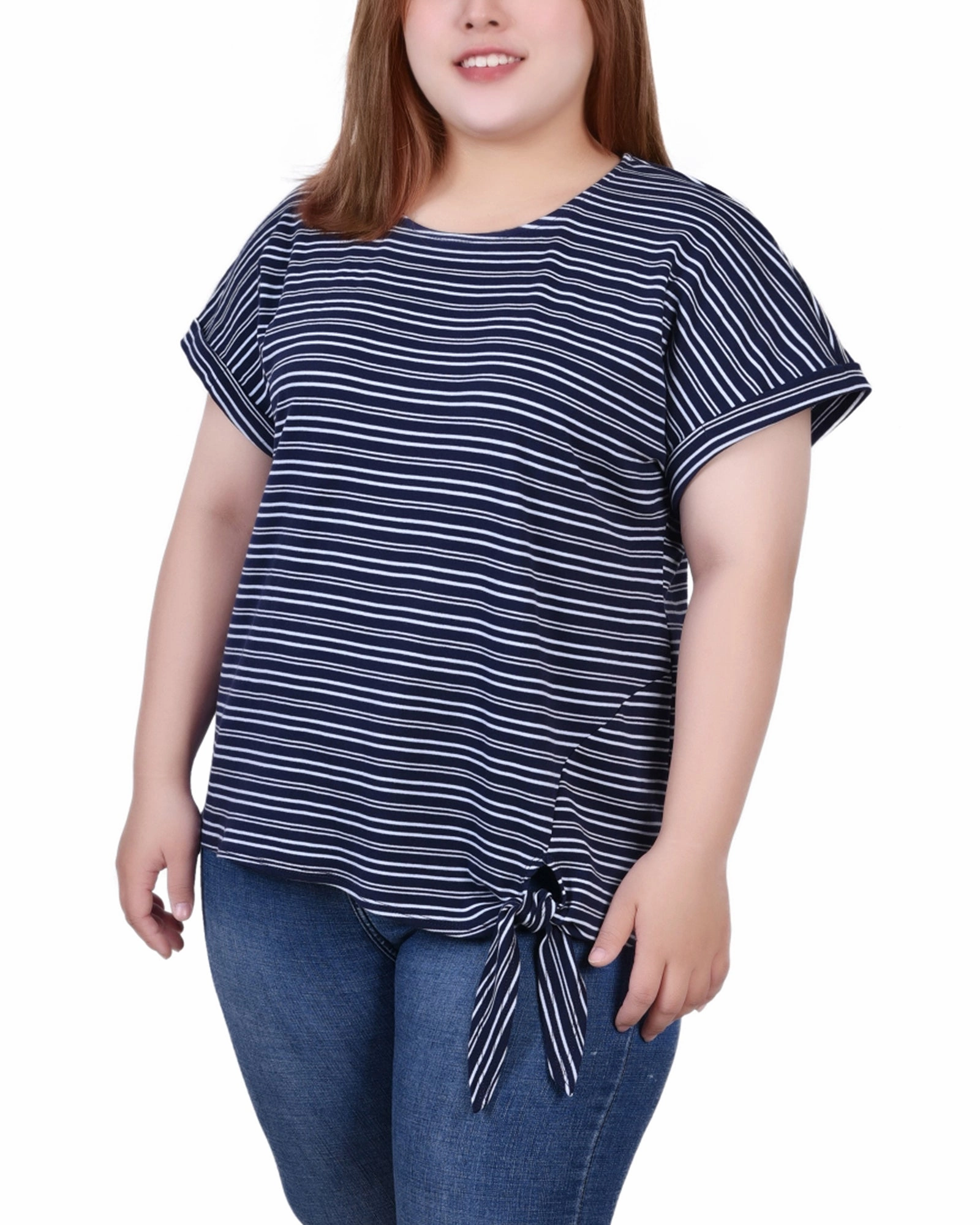 Plus Size Short Sleeve Tie Front Top Panelled-Design