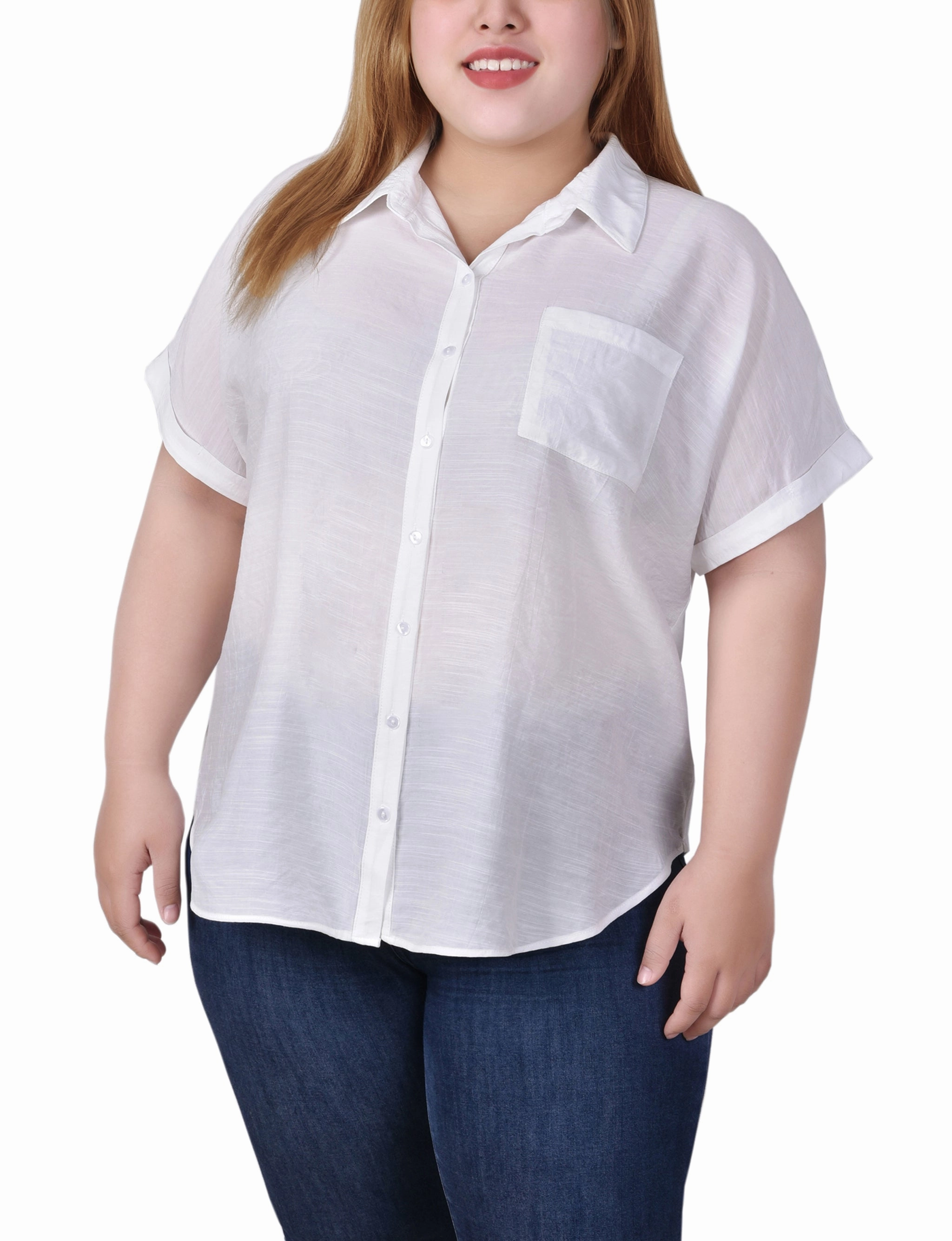 Clean Touch Modern Layers Plus Size Short Sleeve Woven Front/Jersey Back Top