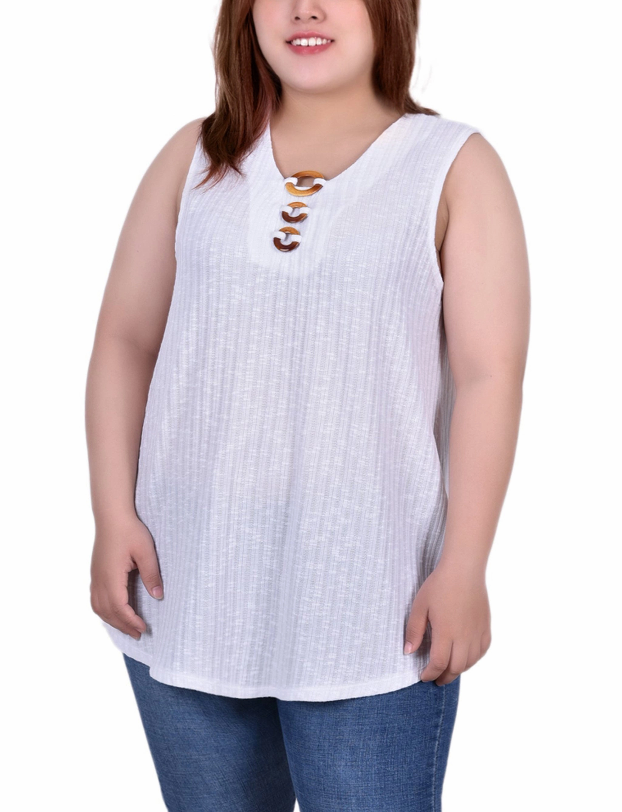 Soft Tones Plus Size Sleeveless Ribbed Top With Triple Rings