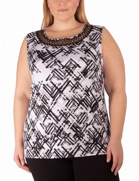 Mesh Soft Floral design Plus Size Sleeveless Top With Crochet Neckline