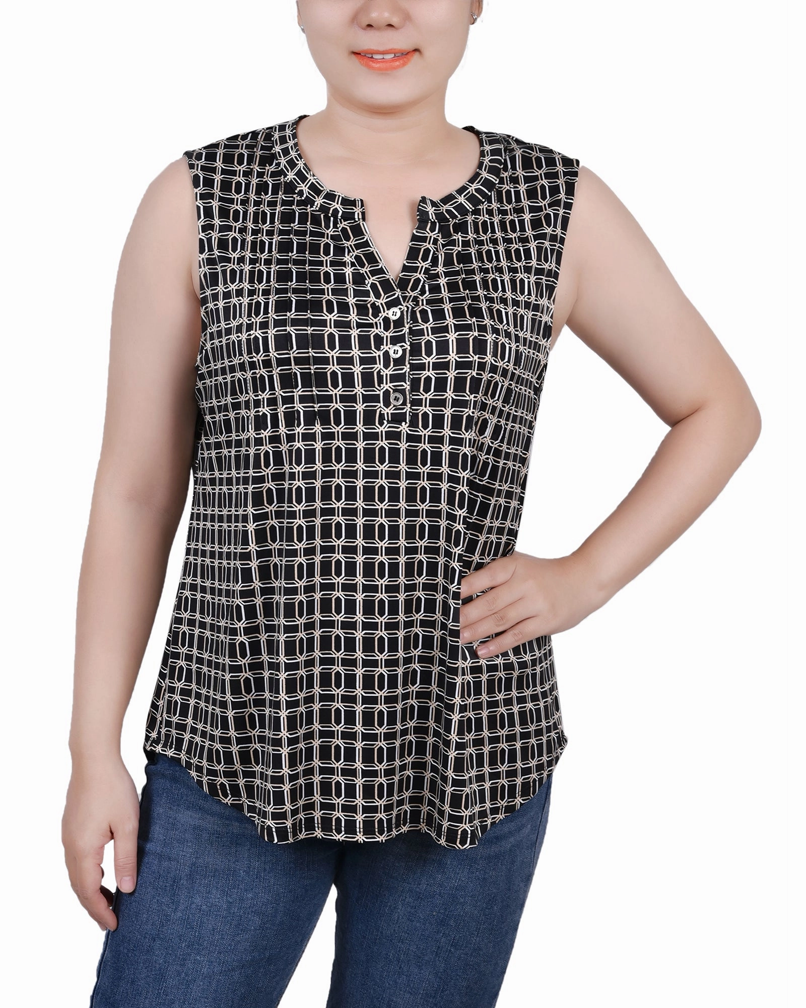 Eco Conscious Manufacturing Petite Sleeveless Knit Y Neck Top