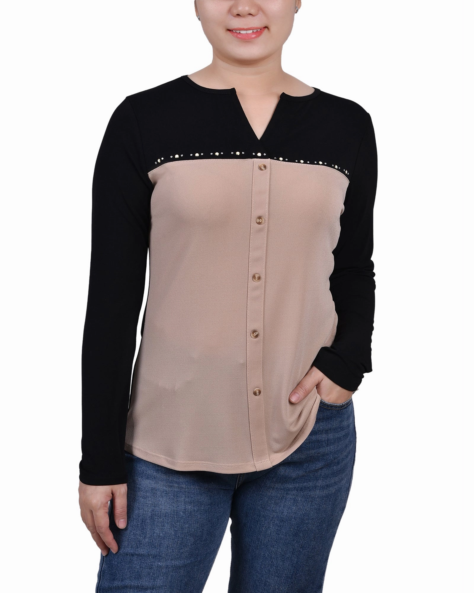 Petite Long Sleeve Studded Colorblocked Split Neck Top Ribbed Detailing