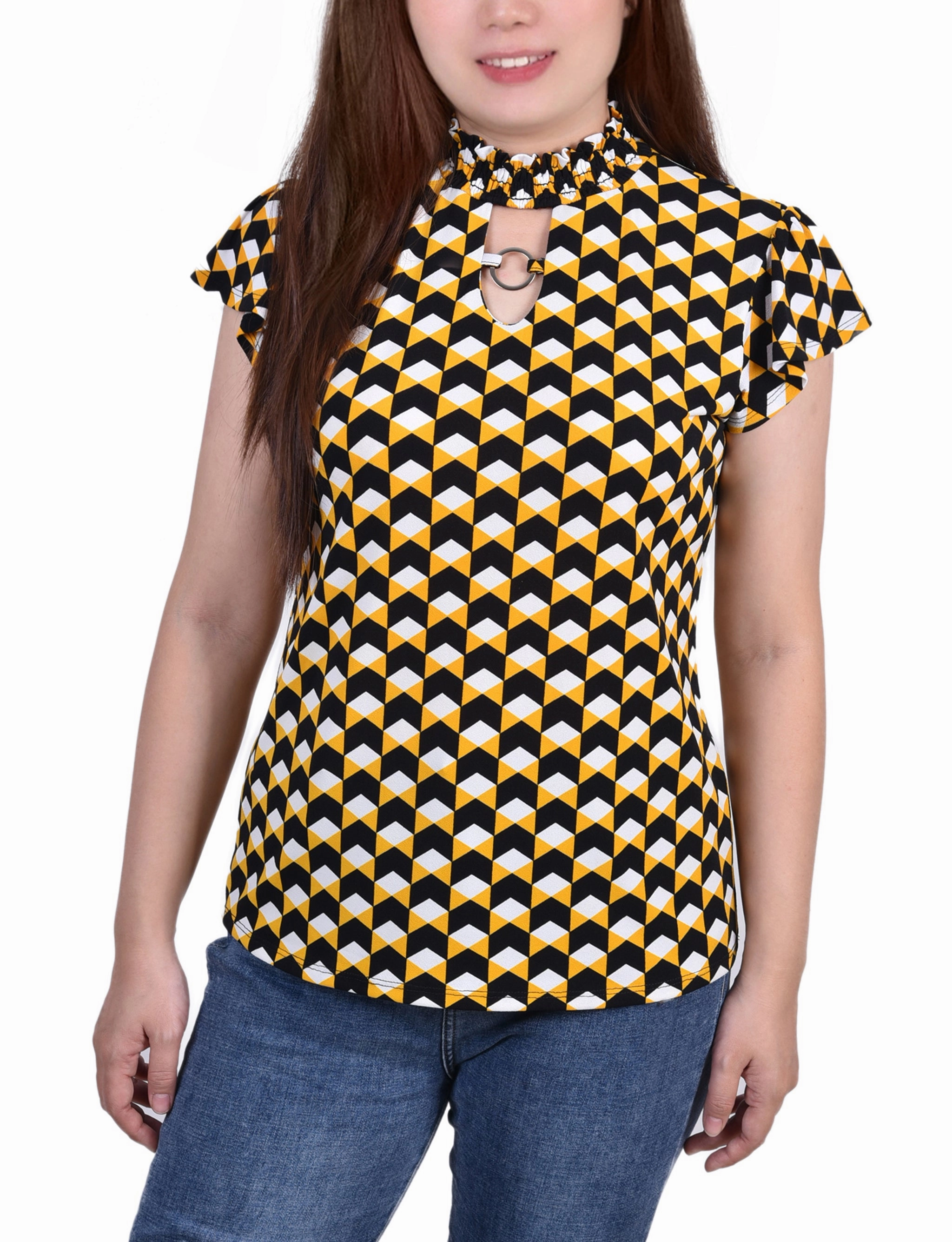 Petite Short Flutter Sleeve Mock Neck Top Simple Silhouette Clean Cut