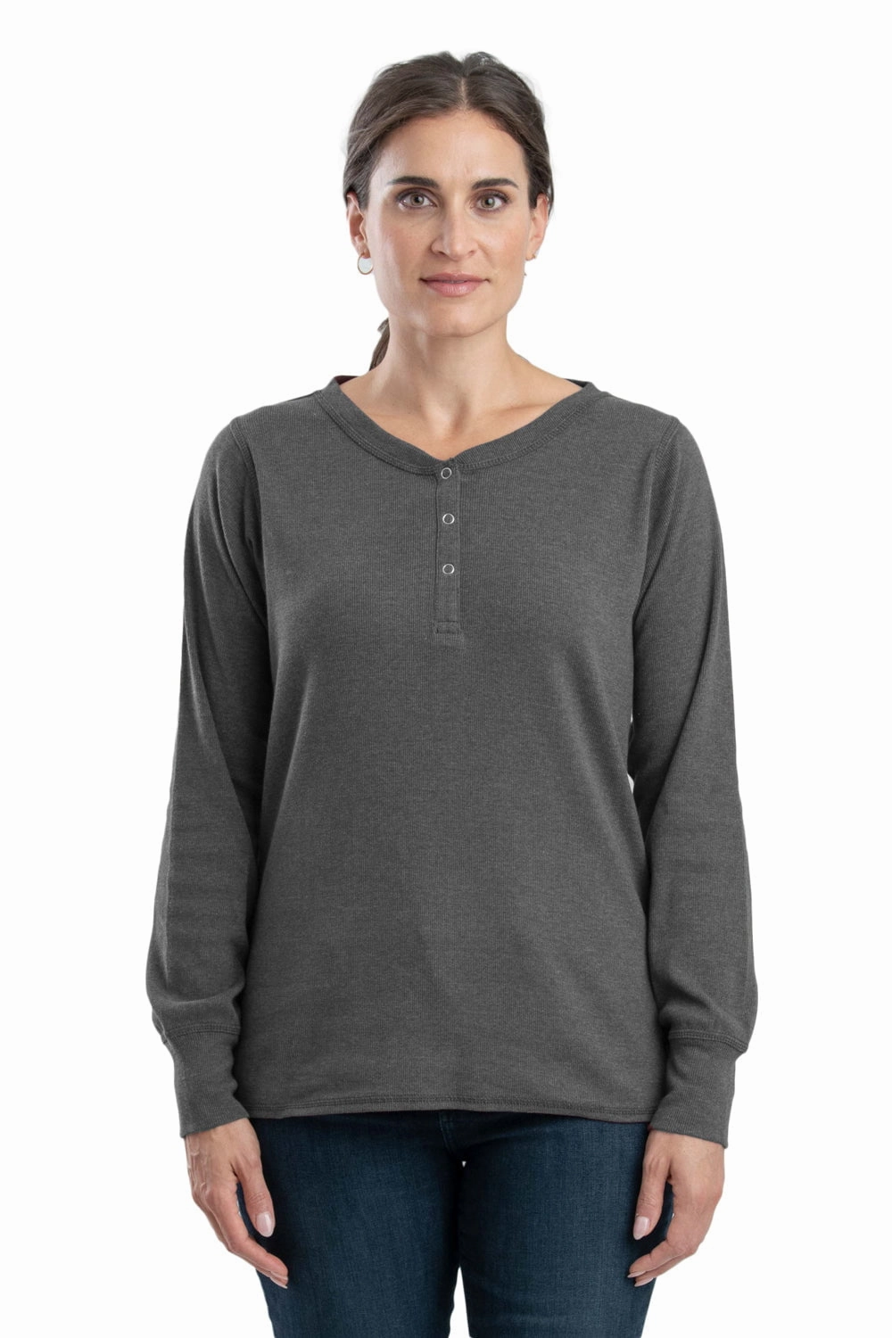 Weekend Vibes Breathable Lining Berne Graphite Cotton Blend Womens Heavyweight Rib Knit Henley L/S