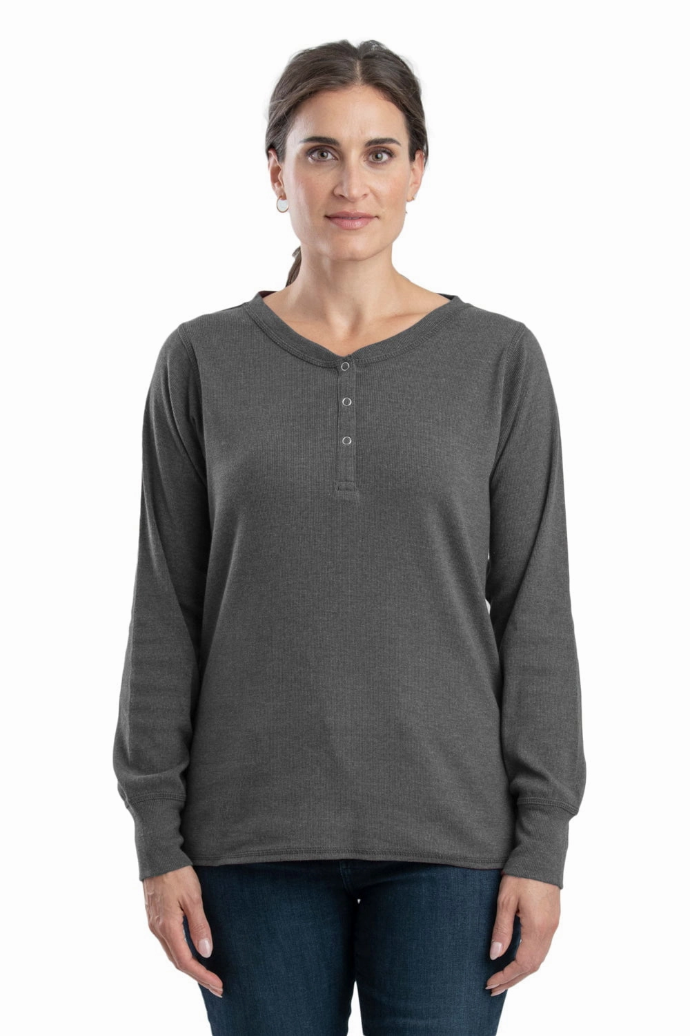 Casual Elegance Durable Fabric Berne Graphite Cotton Blend Womens Heavyweight Rib Knit Henley L/S