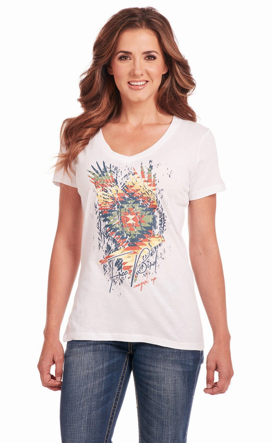 Cowgirl Up Womens Free Bird V-Neck White 100% Cotton S/S T-Shirt Creative Professional