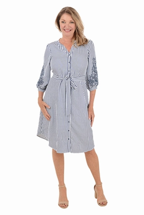Embroidered Sleeve Seersucker Stripe Dress Smart Look