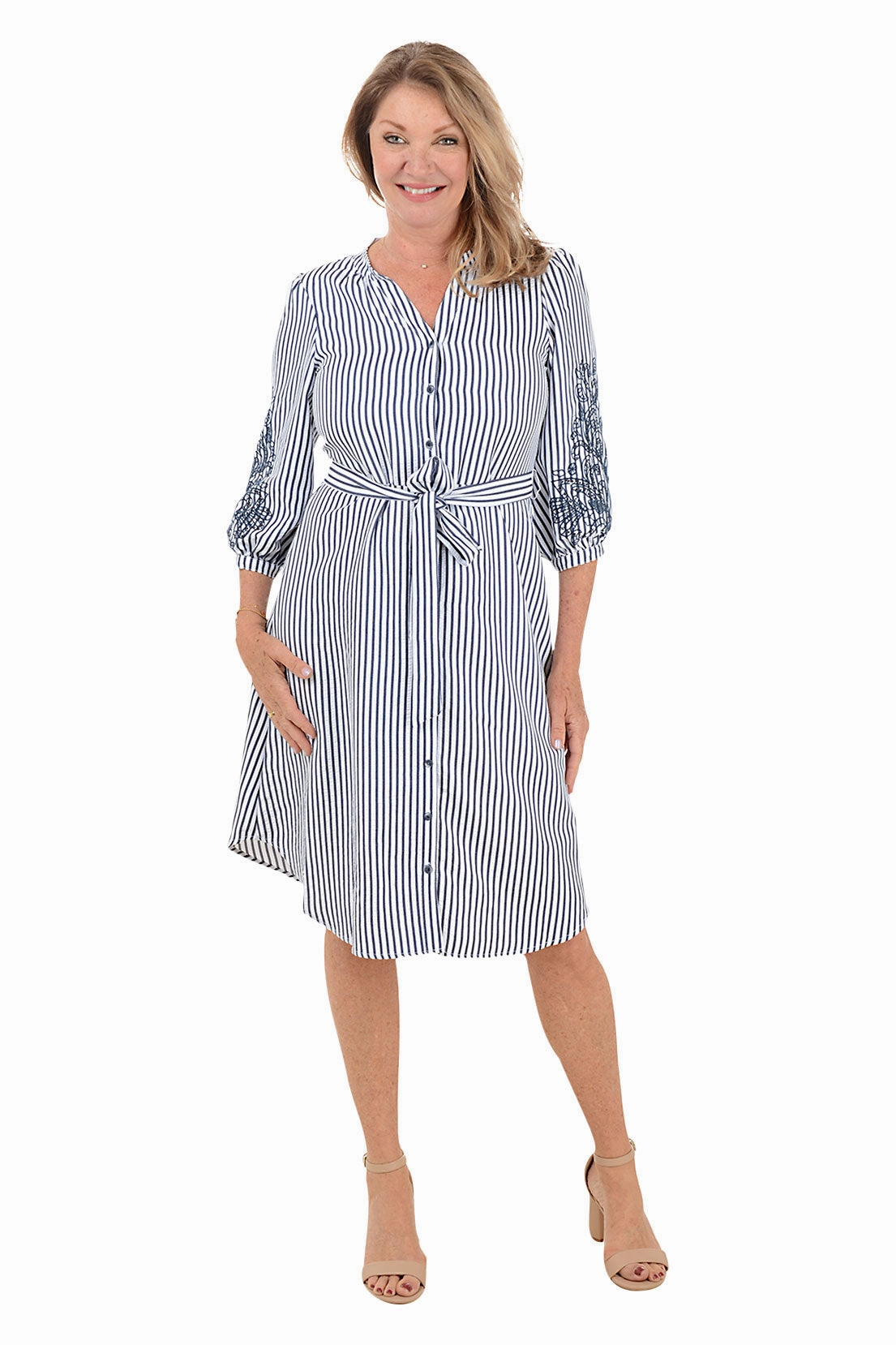 Embroidered Sleeve Seersucker Stripe Dress Delicate Finish