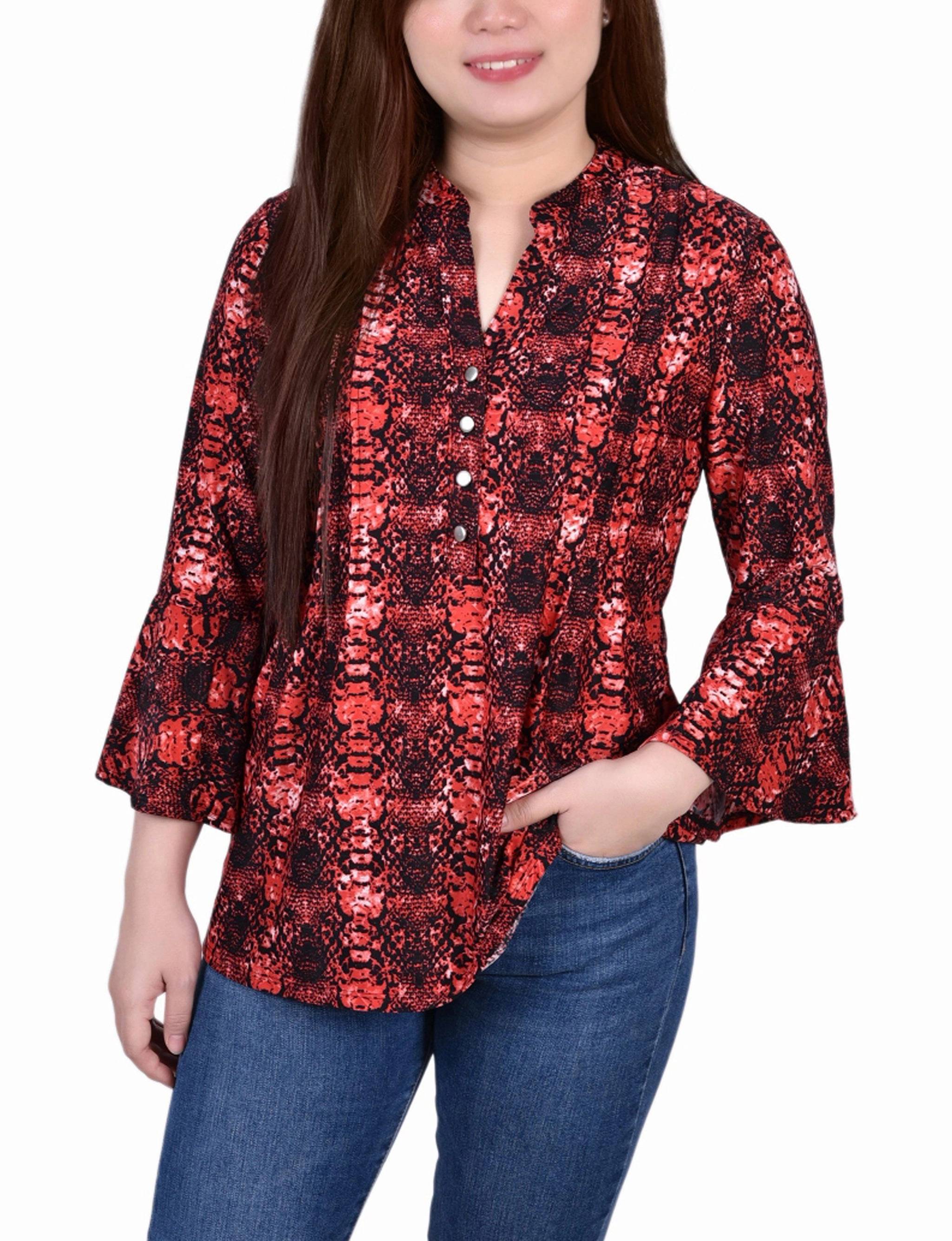 Breathable Layer Petite 3/4 Bell Sleeve Pleat Front Y Neck Top