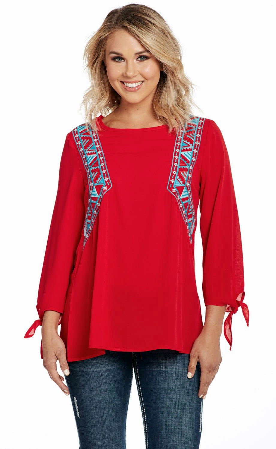Tall friendly Cowgirl Up Womens Red Polyester Embroidered Top Tunic S/S