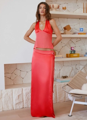 Side Pockets Ventilated Slits Pollie Wrap Maxi Skirt - Coral