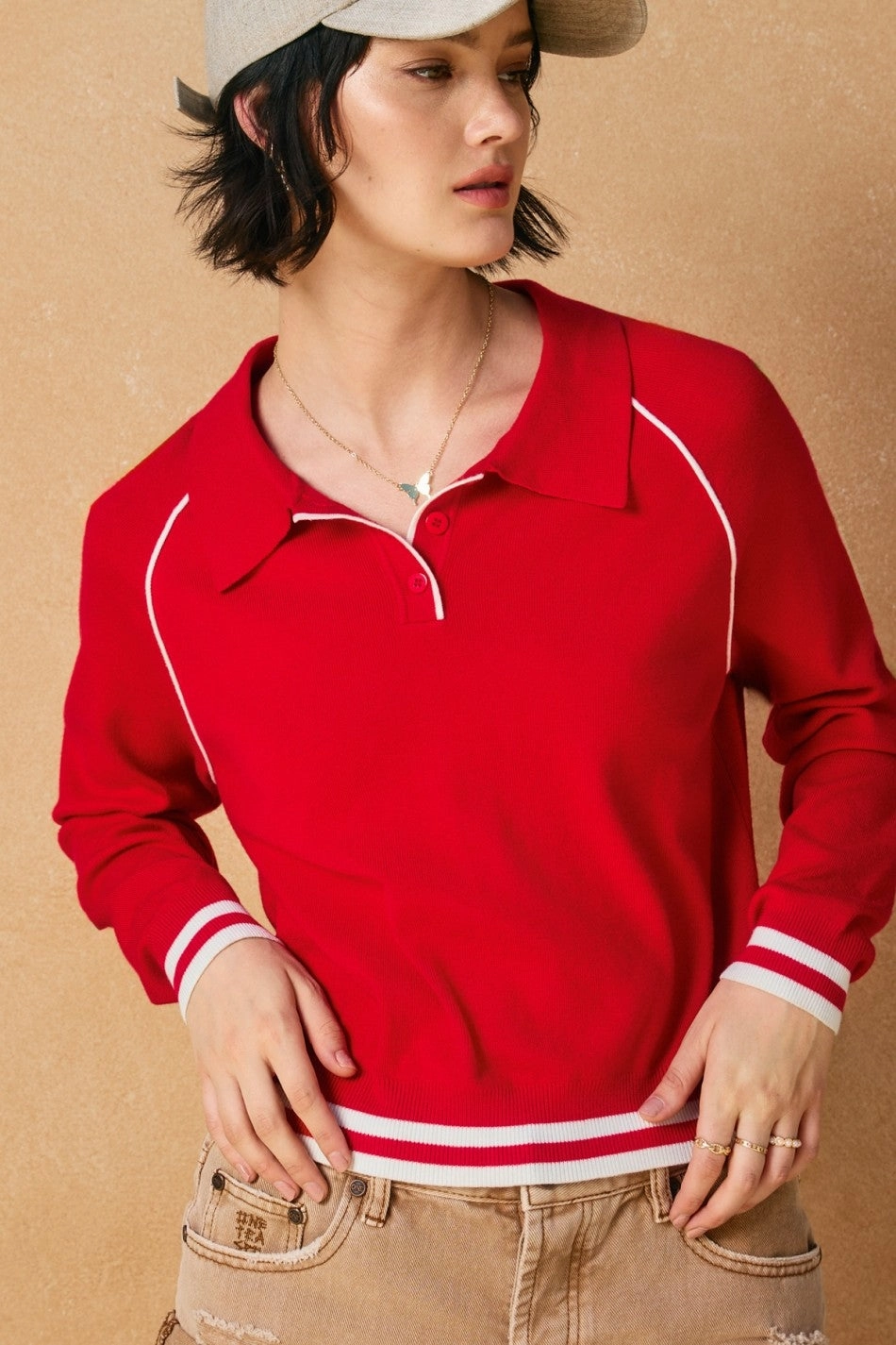 Casual Cozy Perfect Comfort Polo Contrast Trim Sweater