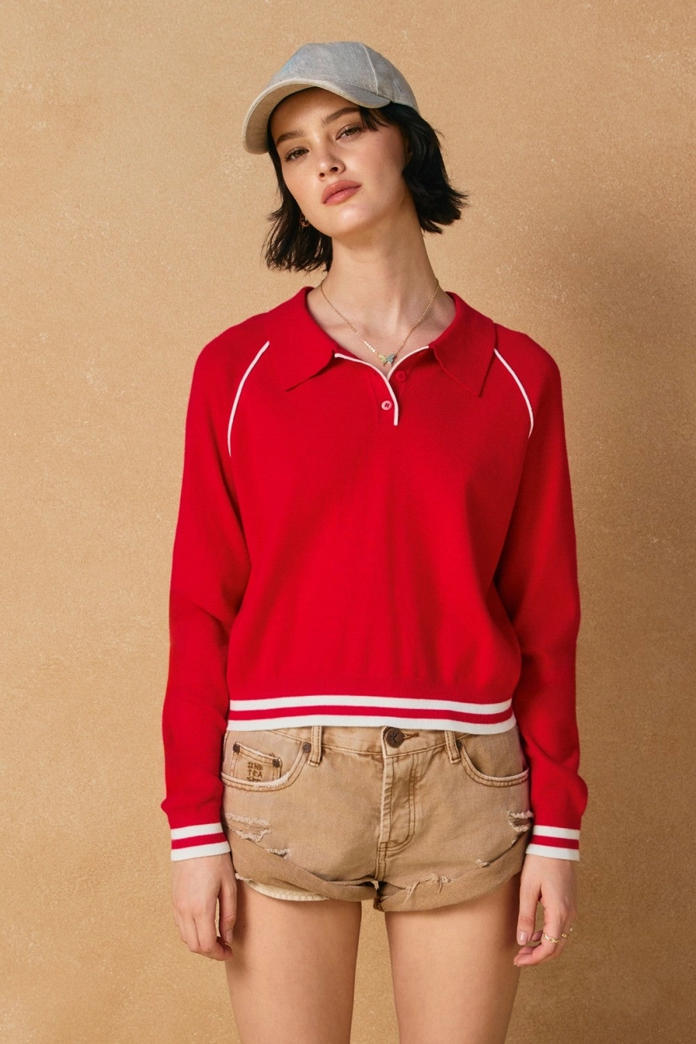 Layered Fashion Cold Weather Comfort Polo Contrast Trim Sweater