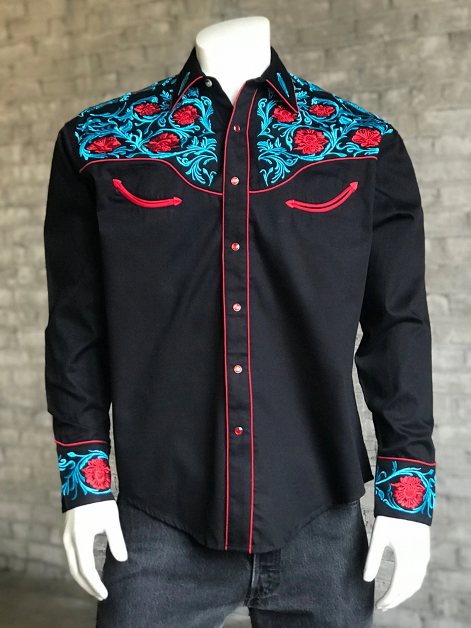 Business Meeting Embroidered Detail Rockmount Mens Black 100% Cotton Red Floral Vintage Turquoise L/S Shirt