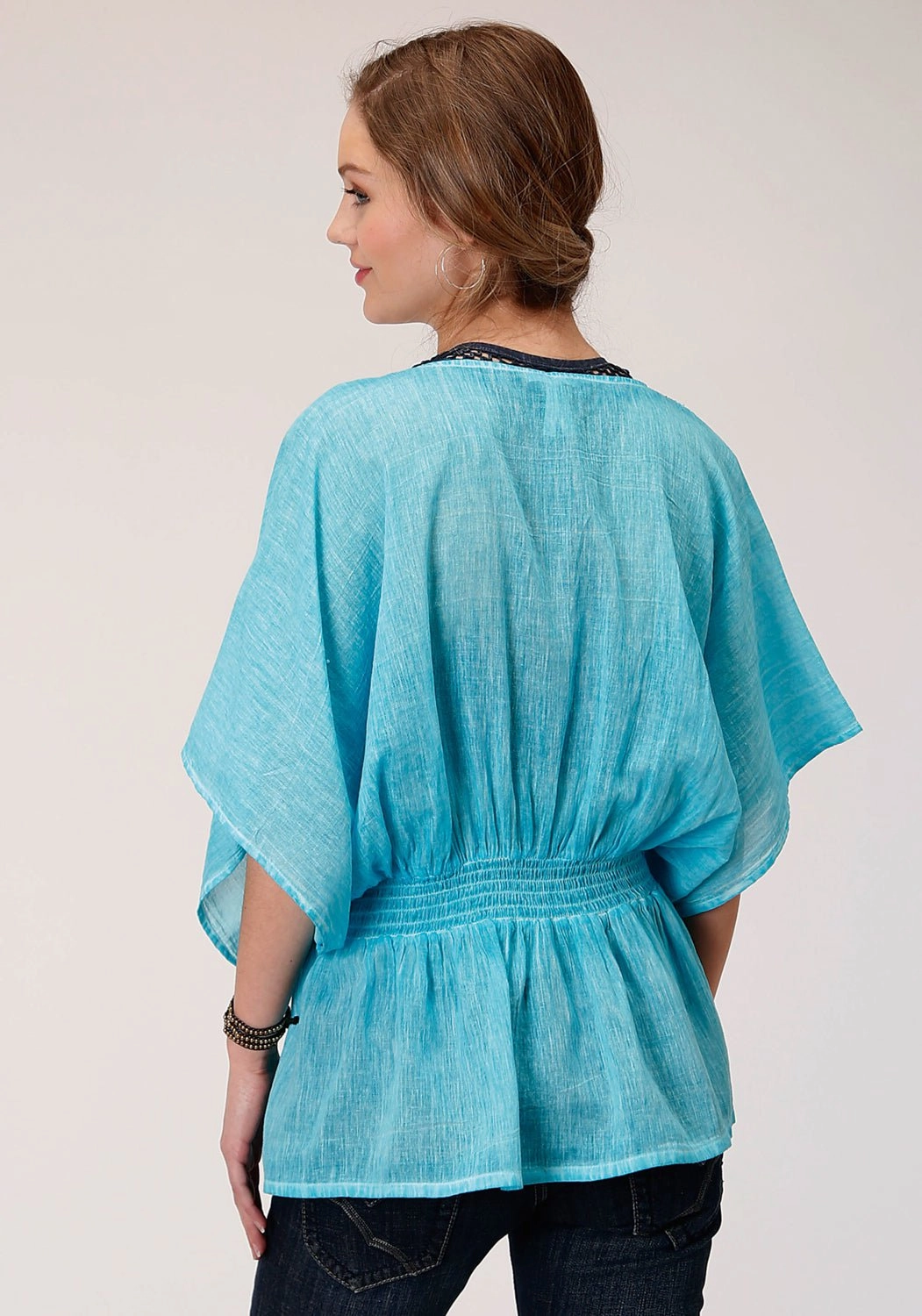 Roper Womens Turquoise 100% Cotton Peasant Top S/S Tunic Layered Sleeve Cuffs
