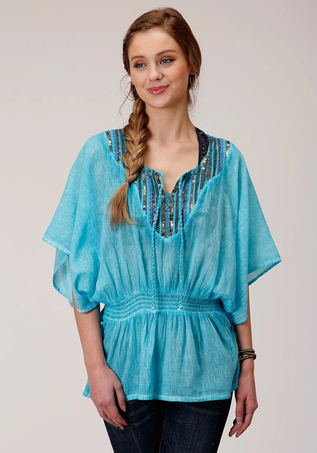 Easy Care Material Athletic Cut Roper Womens Turquoise 100% Cotton Peasant Top S/S Tunic